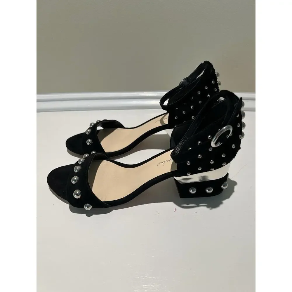 Isa Tapia Suede Black Studded Sandals Block Heels Eur Size 38.5